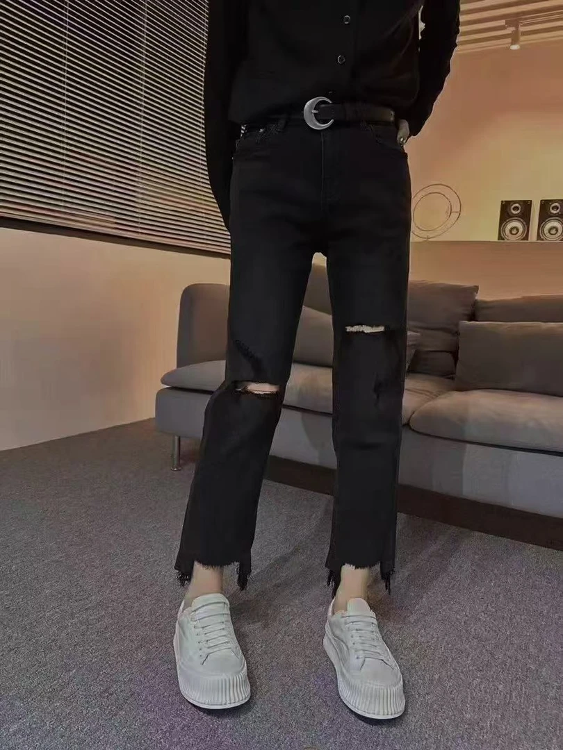 潮秀儿家大码显瘦春夏款牛仔高弹破洞烟管裤416