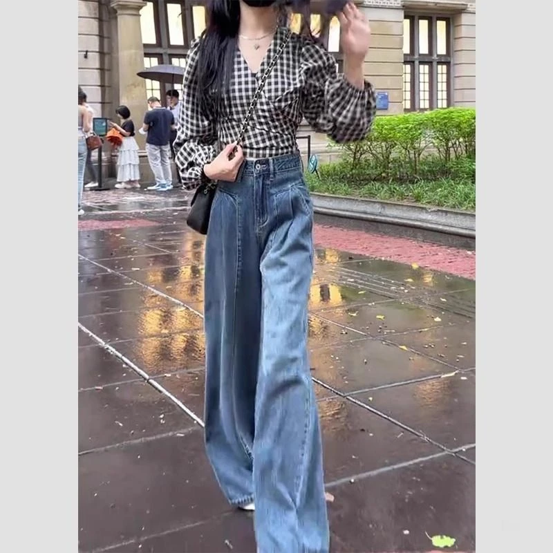 小个子复古阔腿牛仔裤春秋新款高腰宽松显瘦垂感拖地直筒长裤显高