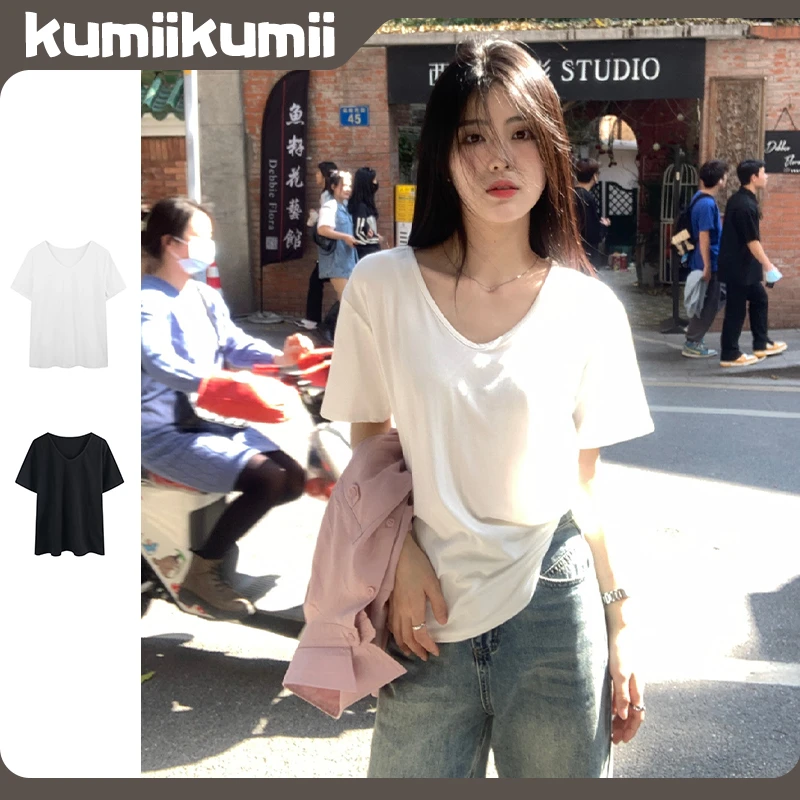 纯色v领正肩宽松百搭显瘦短袖女2025新款爆款夏装减龄休闲T恤上衣