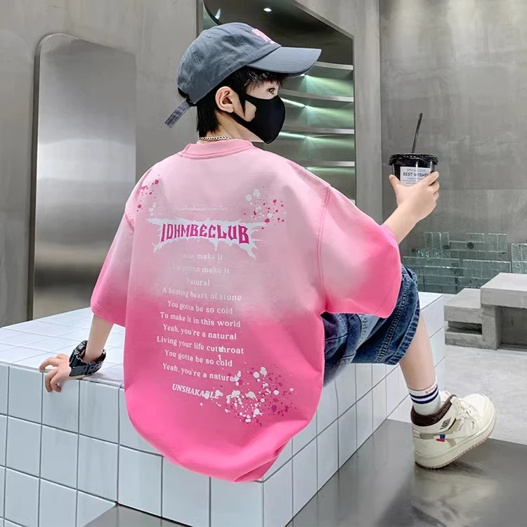 男童短袖t恤夏装2025新款痞帅洋气时髦中大童男孩纯棉渐变半袖潮T