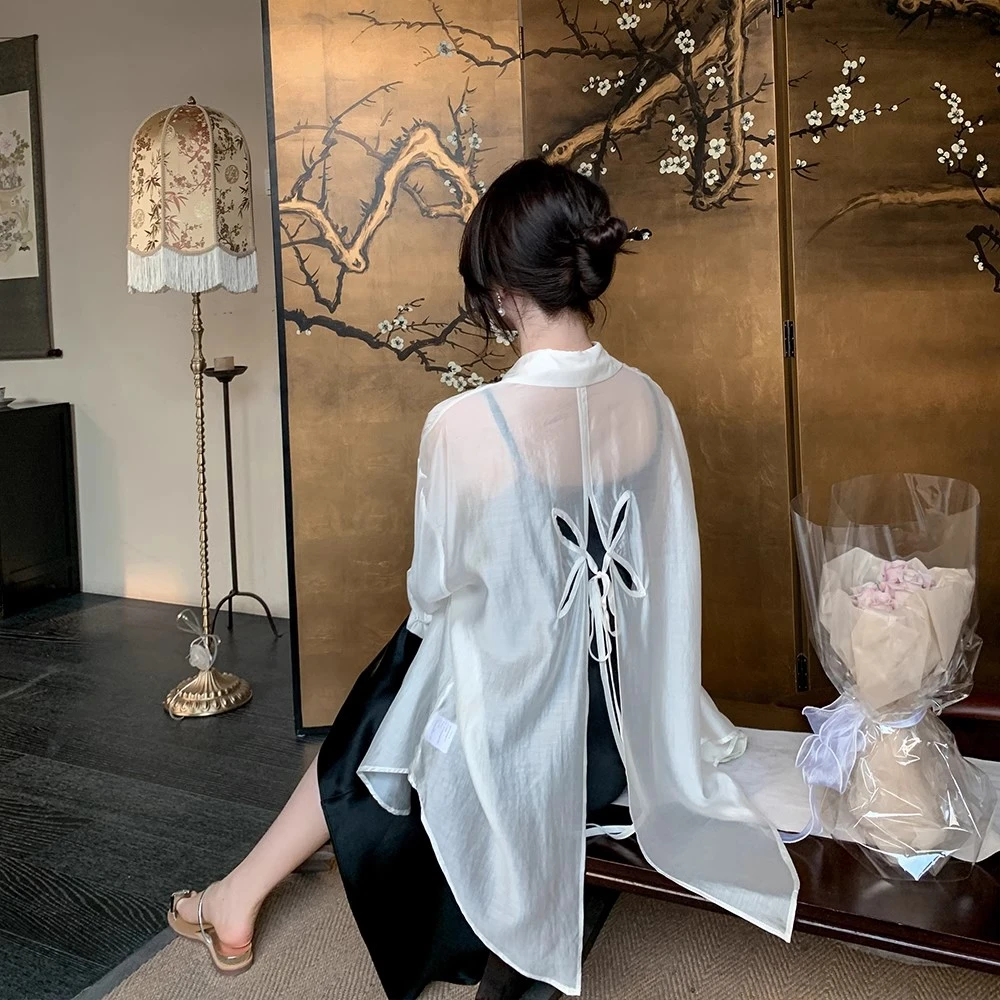 高级设计感薄款防晒衬衫2025外套夏季蝴蝶结后背镂空设计开衫上衣