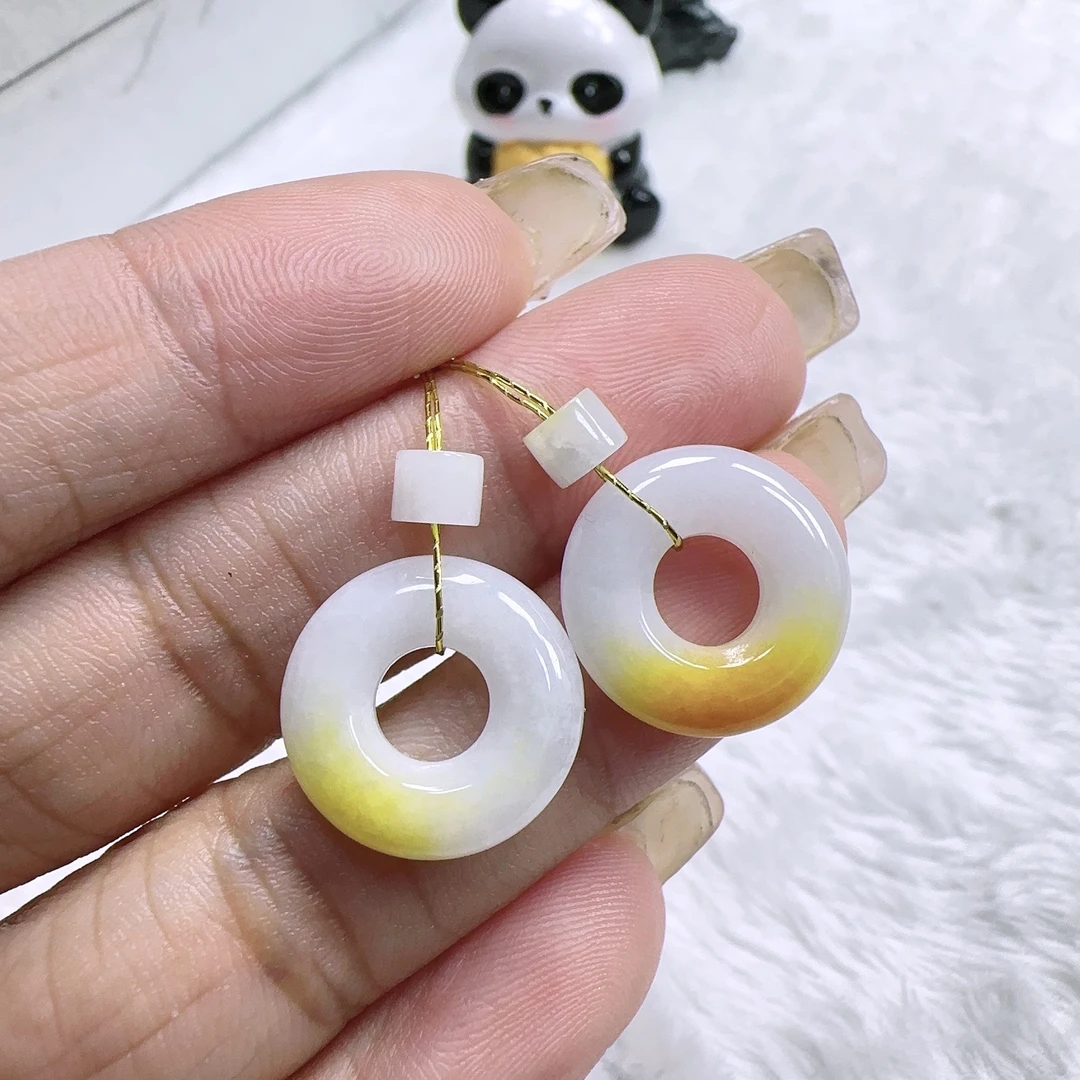 缅甸纯天然A货翡翠飘黄翡甜甜圈耳坠一对 尺寸19.8*16*3.3 A3490