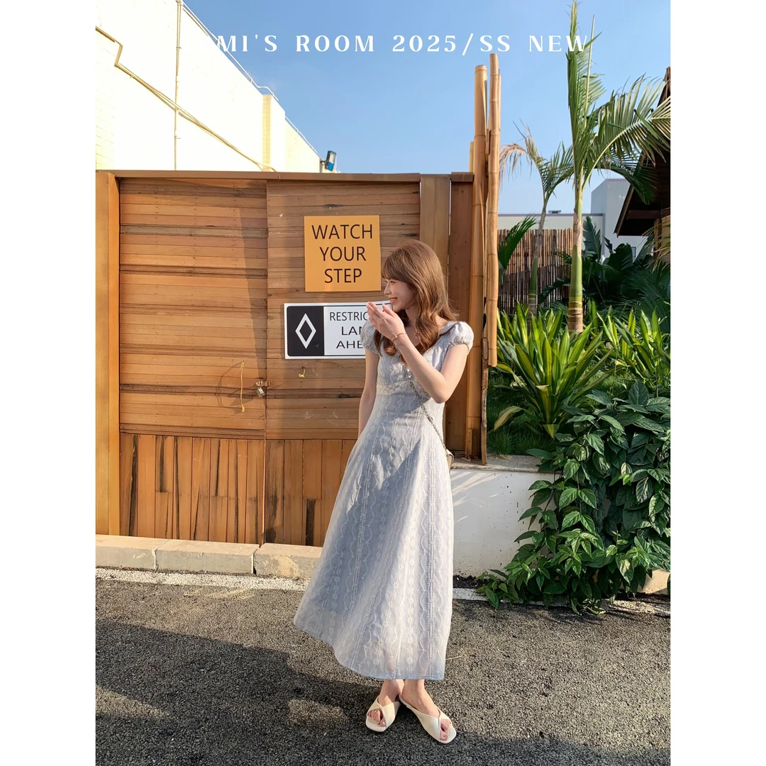 【现货】YOMI小个子【花开半夏】蓝色蕾丝夏季收腰显瘦显白气质连衣裙