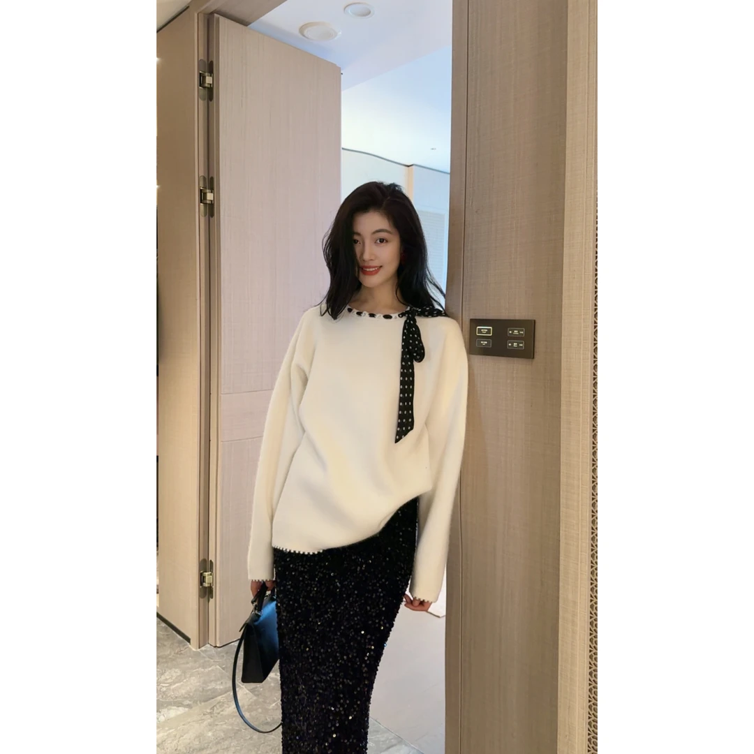 【N·COU】25冬新款【圆舞曲】小众波点领带宽松针织衫DY23376
