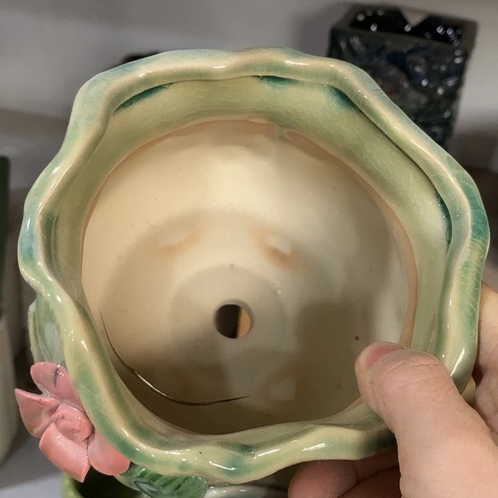 陶盆有孔 磕碰窑裂修补 介意勿拍口 13高9