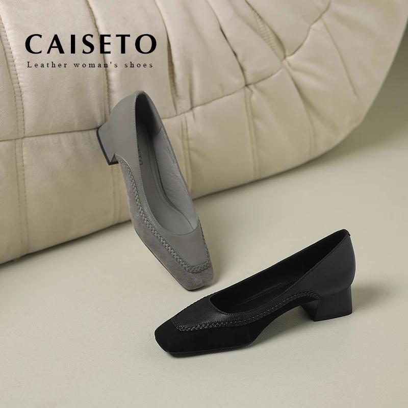 头层羊皮/3.5cm新款方头时尚百搭低跟真皮女鞋通勤软面浅口鞋D186