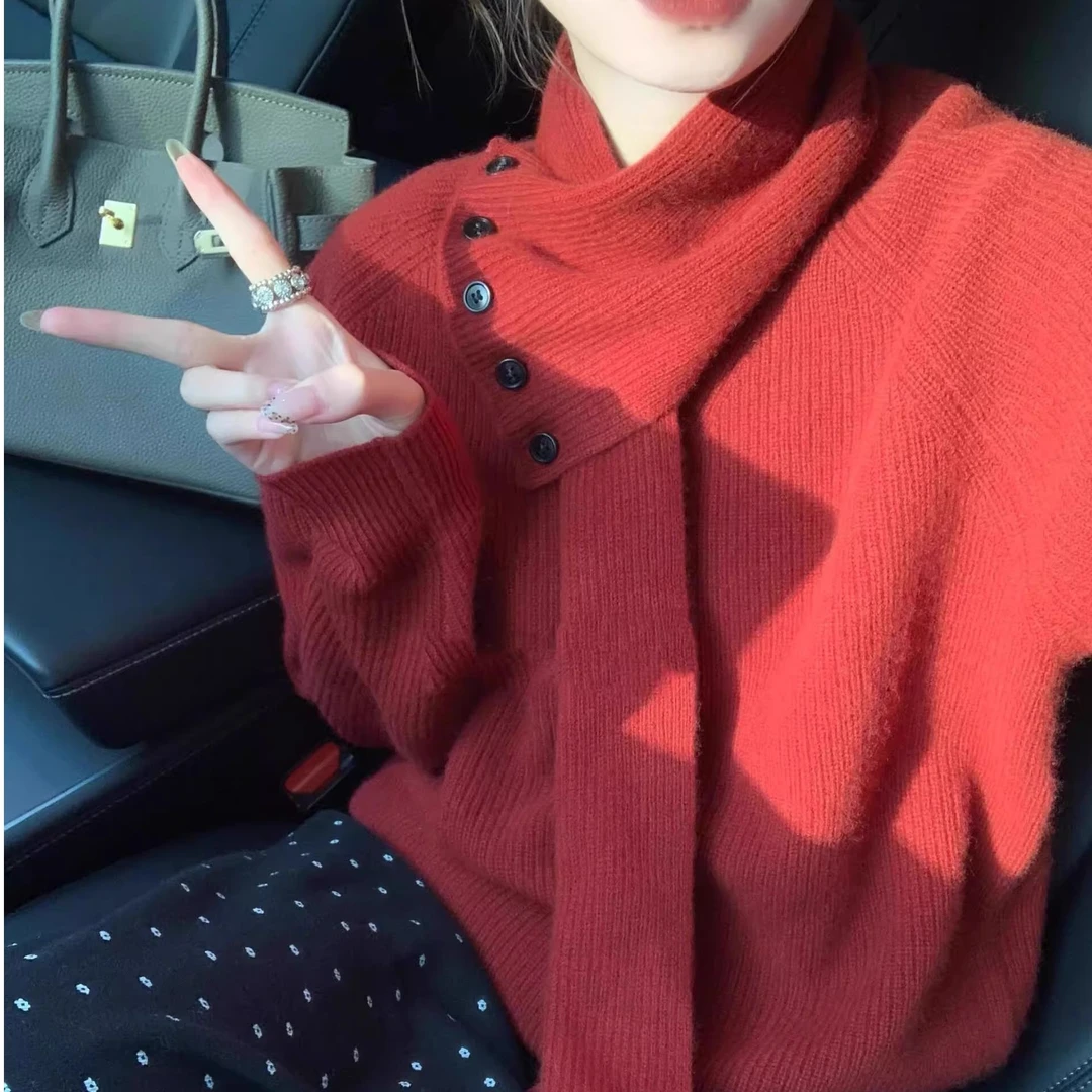 韩系设计感独特漂亮红色毛衣女秋冬高级感软糯套头慵懒风针织上衣