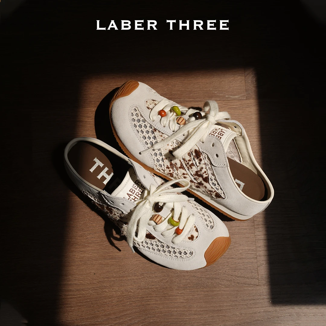 LABERTHREE 撞色串珠不对称大斜头网面拼接德训拖女一脚蹬休闲鞋