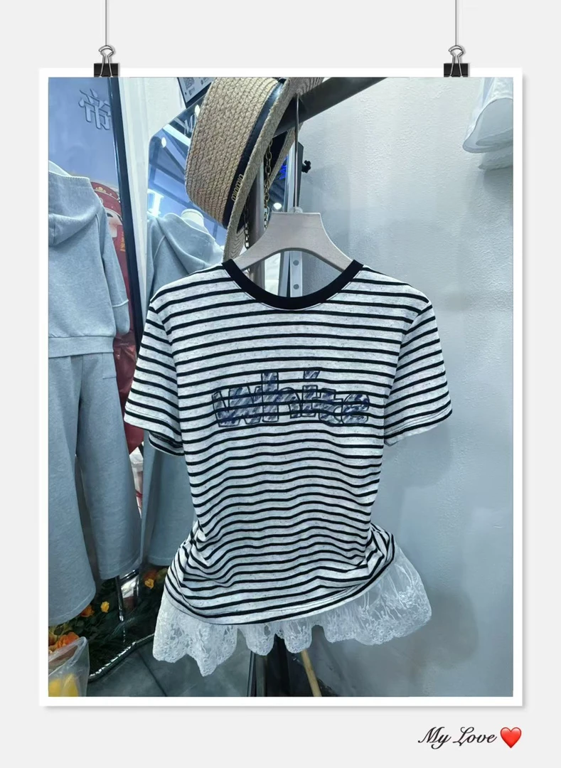 字母落肩袖圆领短袖印花通勤T恤女款百搭夏季女士蓝色运动