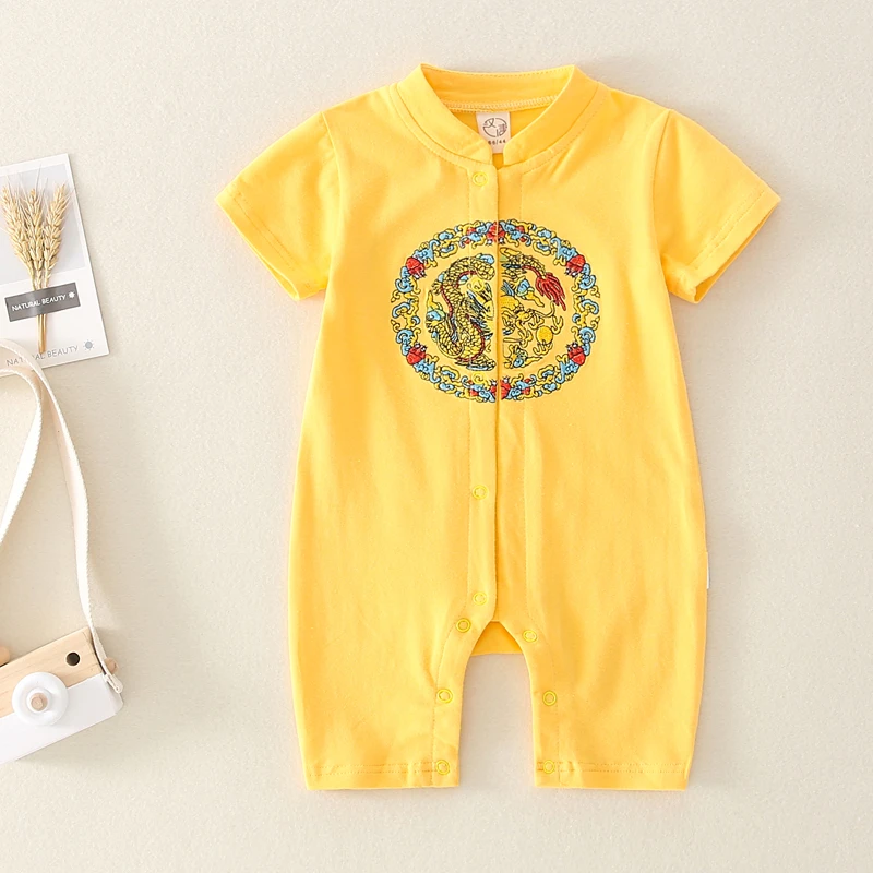 蛇年婴儿短袖连体衣夏季哈衣宝宝满月百天周岁服抓周礼服国潮1959