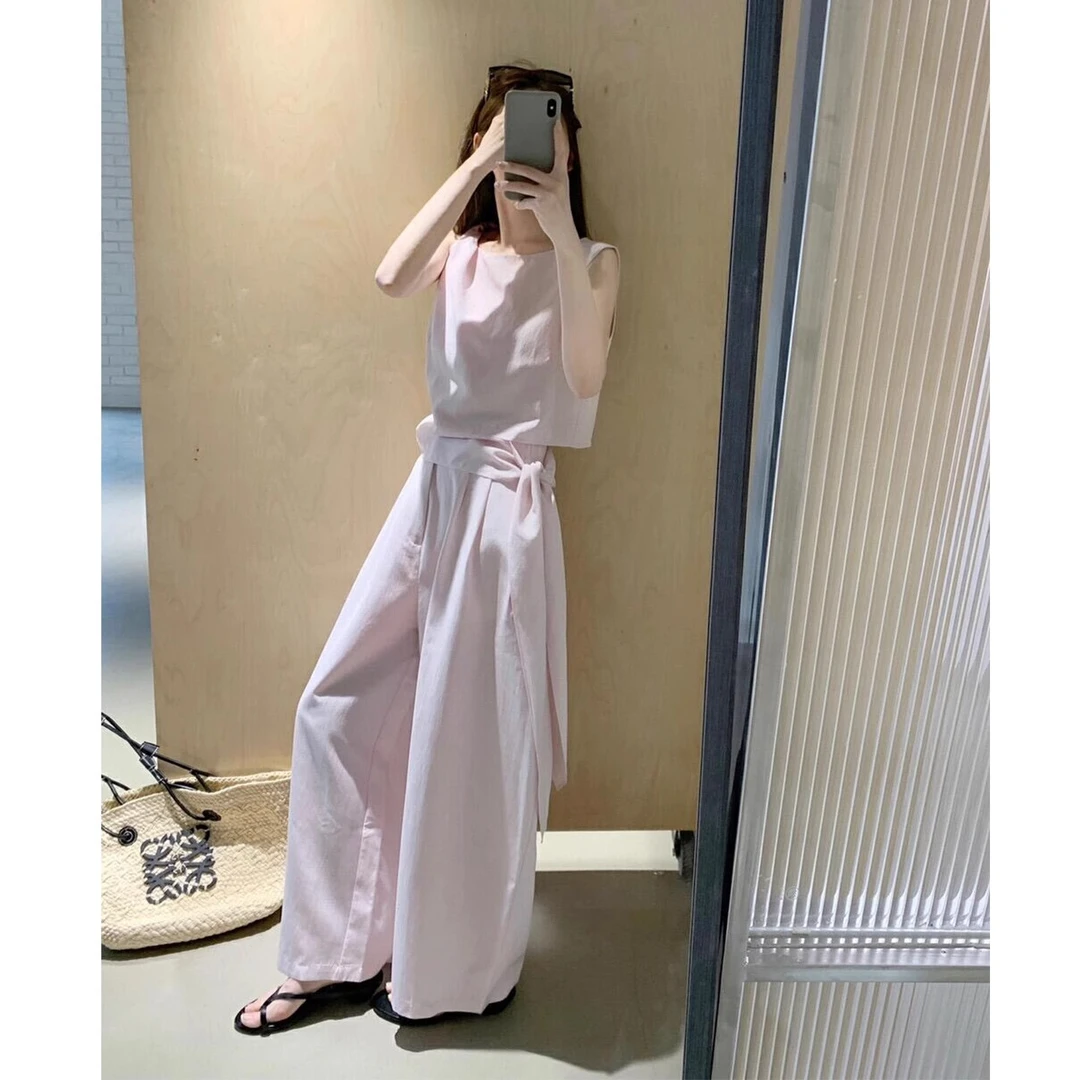 韩系粉色短款背心套装女2025夏季温柔风显瘦绑带上衣阔腿裤两件套
