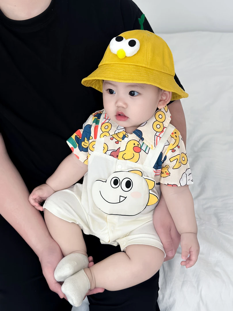 婴儿衣服夏装短袖连体衣男宝宝薄款超萌卡通恐龙假两件哈衣外出服