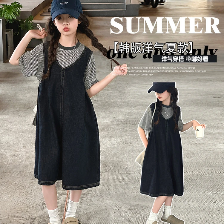 女童夏季连衣裙套装2025新款女大童韩系牛仔背心裙夏装学院风穿搭