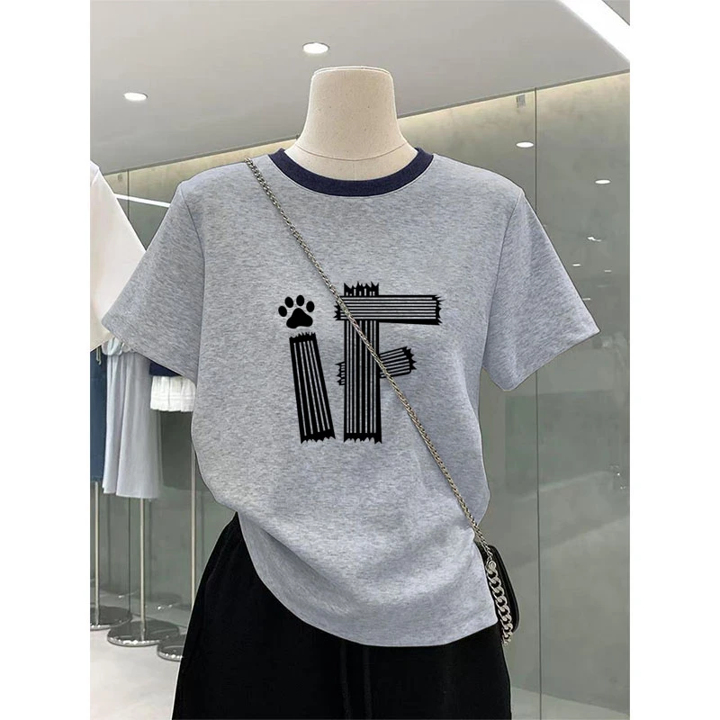 网红正肩撞色圆领短袖t恤女装时尚百搭显瘦上衣内搭打底衫春夏季