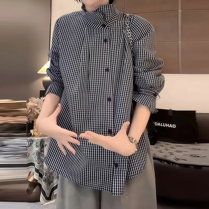法式复古立领花苞袖格子长袖衬衫女2025秋季百搭叠穿别致打底上衣