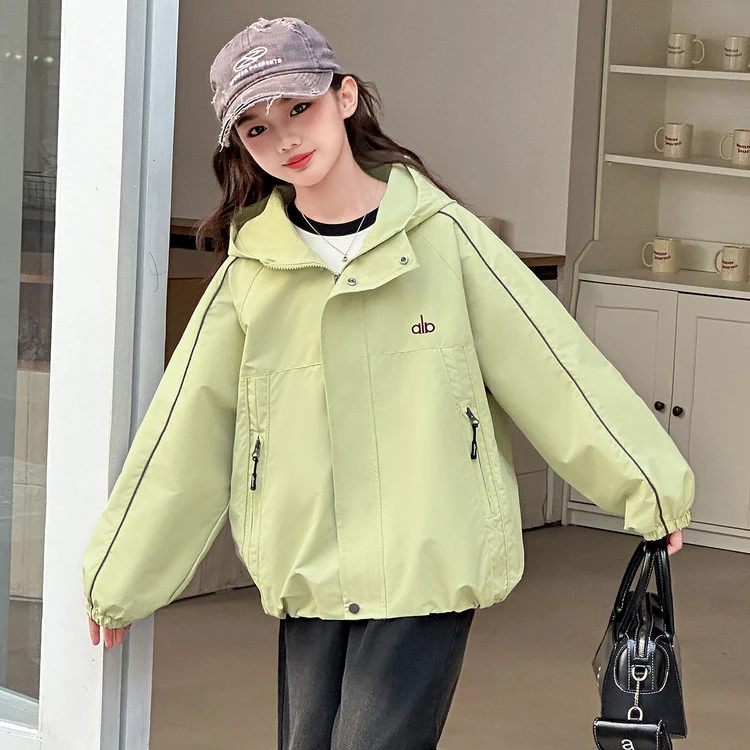 儿童连帽运动上衣女童秋装外套2025新款白色长袖字母洋气打底衫