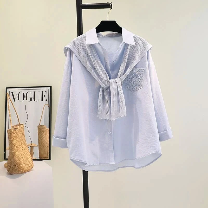 浅蓝披肩外穿衬衫女长袖宽松休闲蕾丝口袋衬衣春季新款小个子上衣