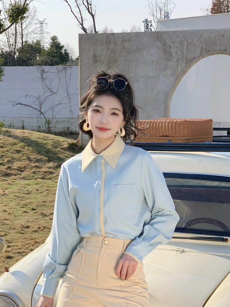 丁佳欣【海盐焦糖】港风复古拼色长袖衬衫女宽松显瘦上衣JK0725085