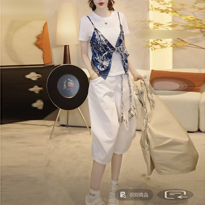 小众气质别致设计感套装女2025夏季新款假两件圆领显瘦短袖六分裤
