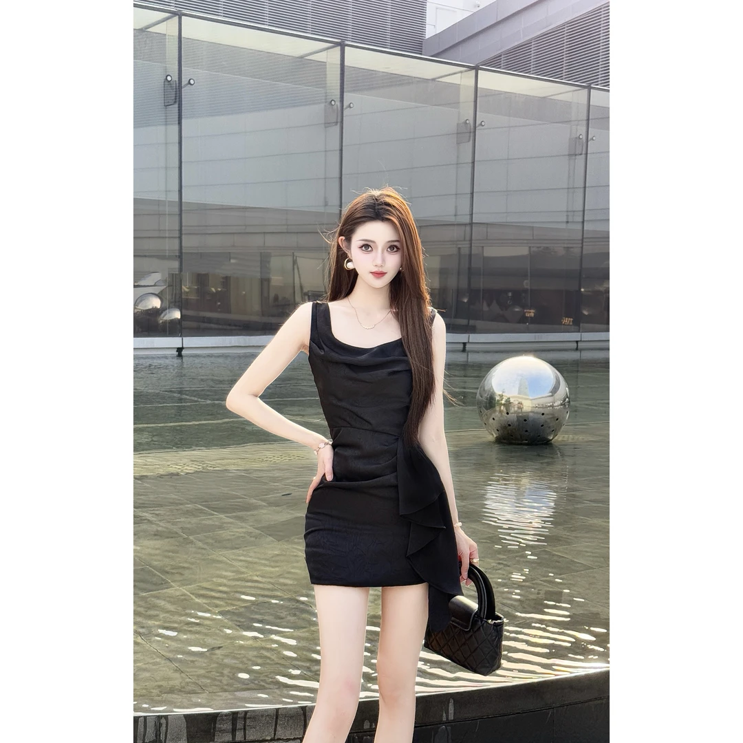 【湛酌墨书】不规则领型荡领夏季高腰连衣裙性感裙子辣妹XT2474