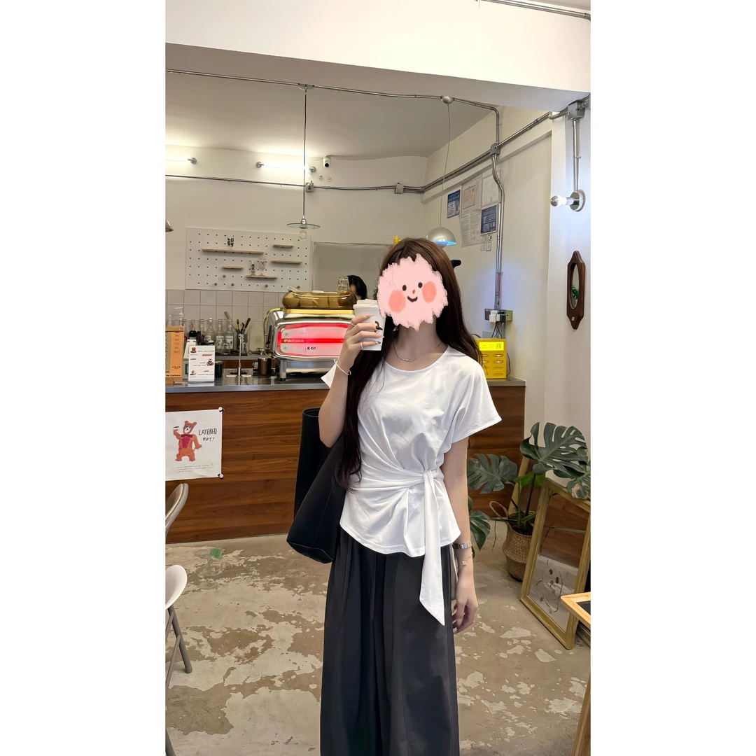 【系腰短袖】2025夏季显瘦休闲设计感圆领上衣百搭宽松显瘦短袖T恤