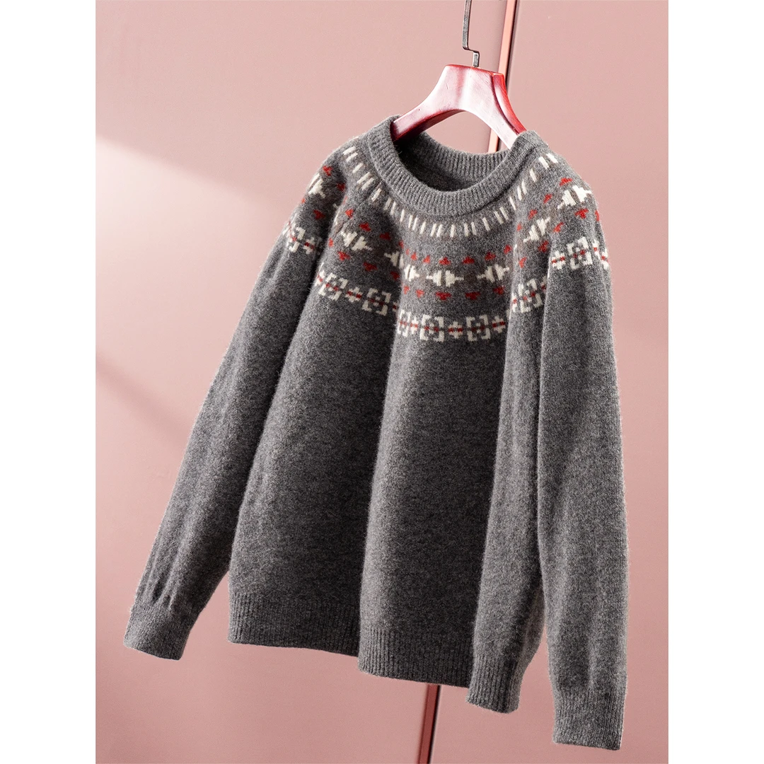 春天家 元气氛围感 法G费尔岛提花100羊毛圆领长袖毛衣女7Y11