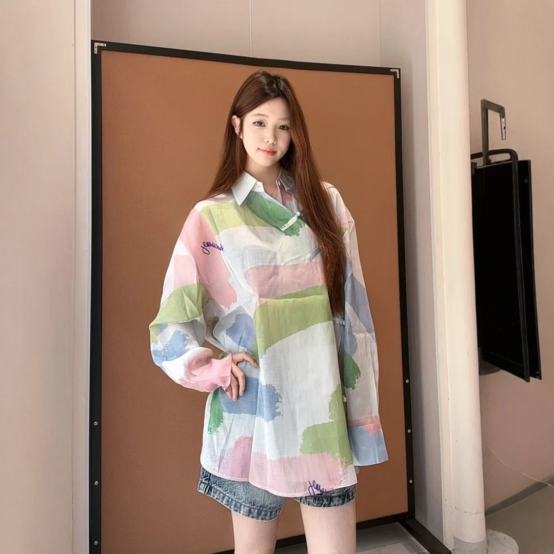 现货【MQ彩色衬衫】2025夏新品新中式盘扣斜门襟翻领宽松长袖衬衫女