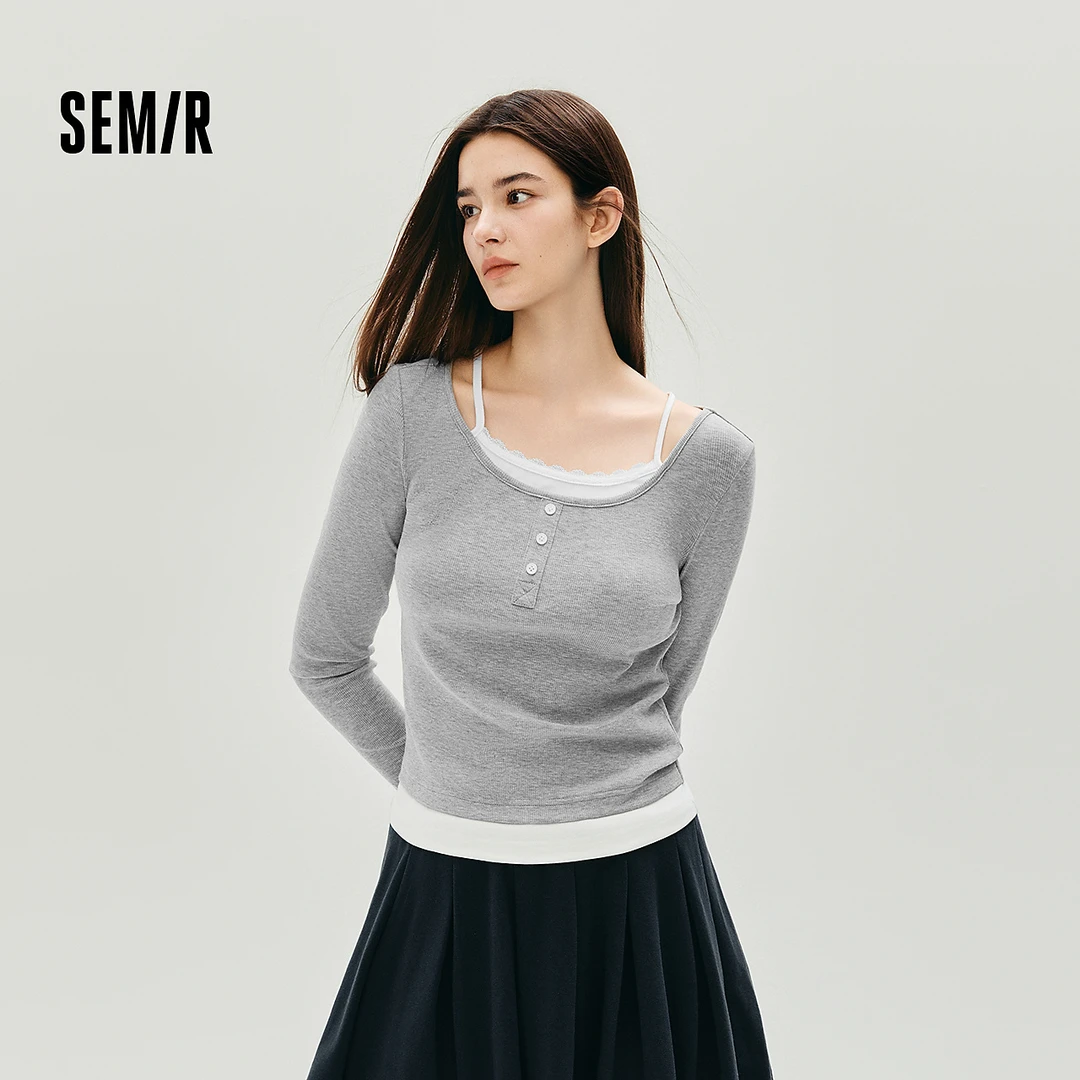 森马长袖T恤女秋短款假两件蕾丝花边修身时尚新款小性感气质上衣