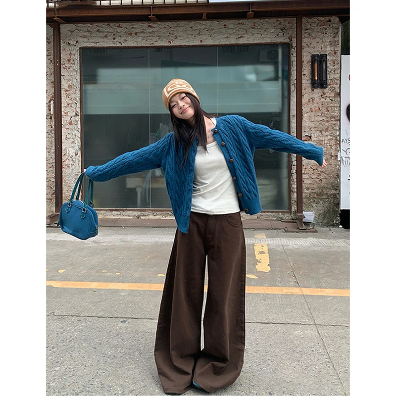 咖色洗水棉直筒休闲裤女秋季新款高腰显瘦慵懒感宽松百搭阔腿裤子