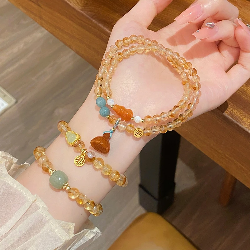 非金属玻璃手链 财源广进新中式古风福禄葫芦手链双圈莲蓬手串