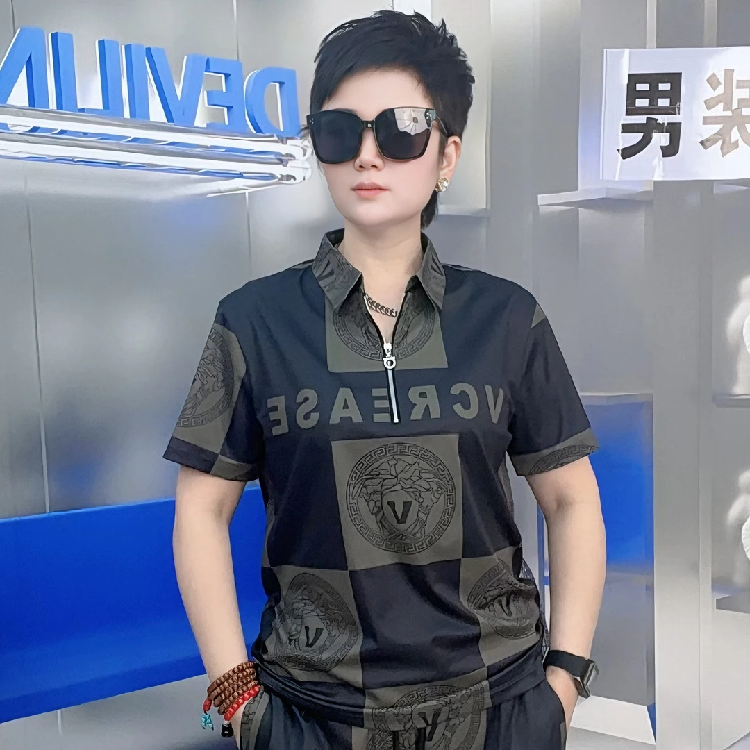 冰丝夏季POLO时尚2025短袖透气套装花网红套装男款短袖短裤套装男