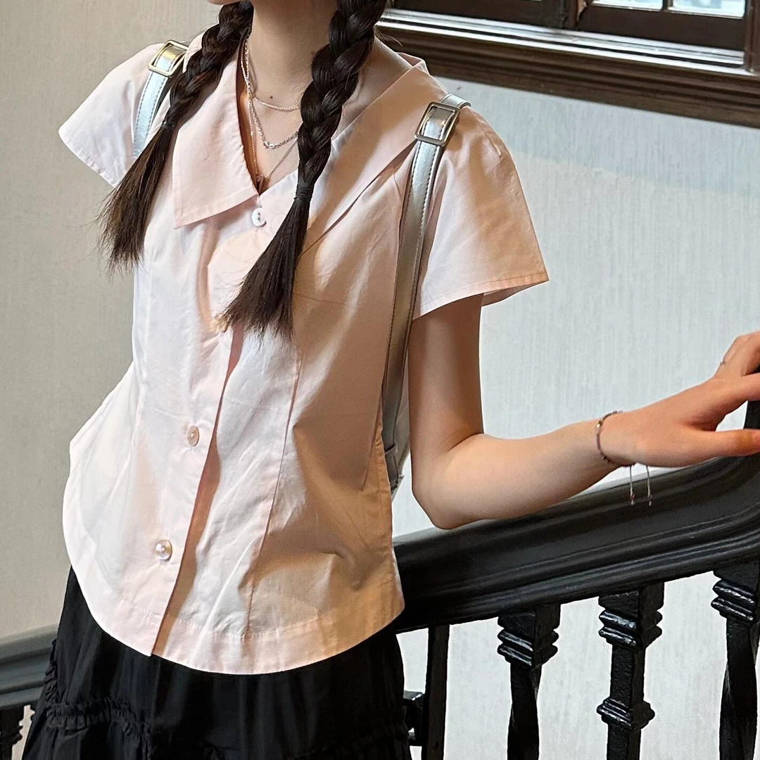 粉色短袖衬衫女夏季新款设计感小个子百搭修身显瘦短款上衣夏