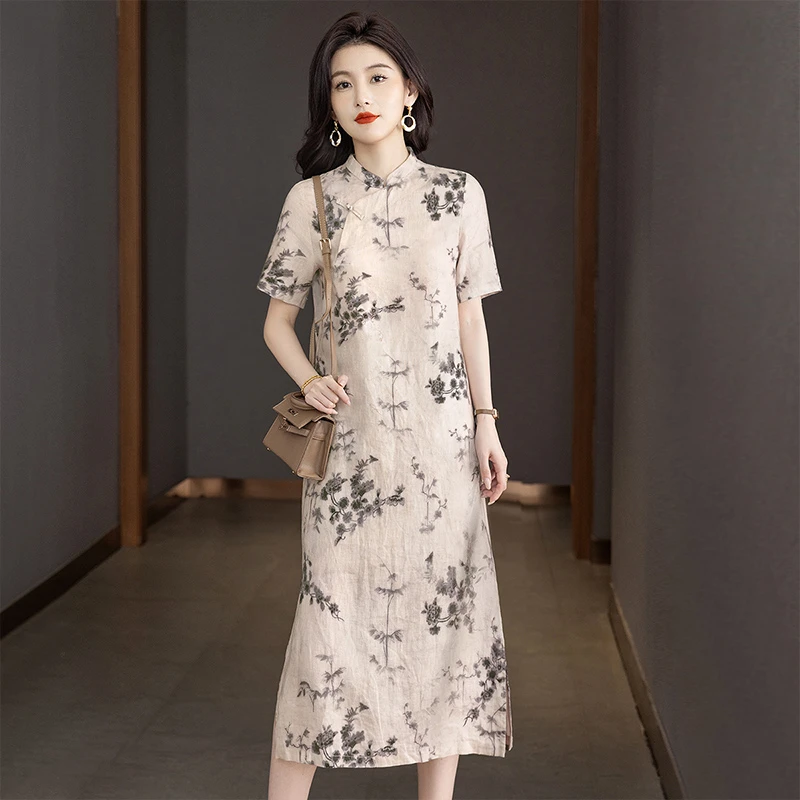丝柏舍2025夏季新款女装国风印花中长款新中式连衣裙S52B2087L