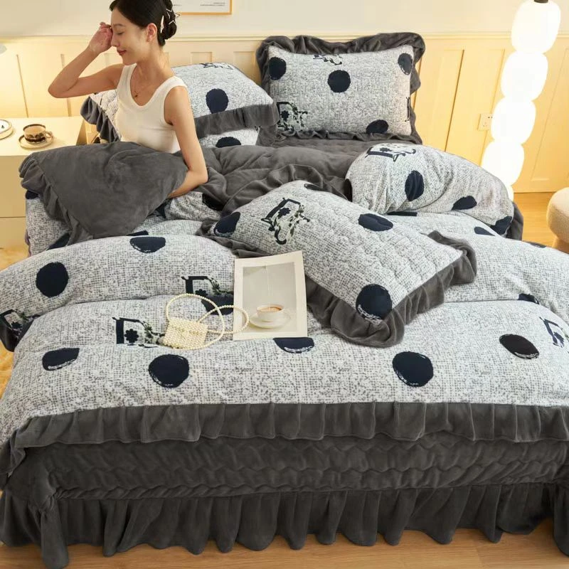 床盖加厚冬季高克重牛奶绒床裙四件套双面保暖床上用品防滑防静电