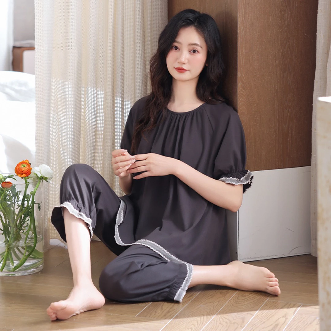 奢丝物语6838舒适女士圆领短袖带胸垫七分裤睡衣套装外穿