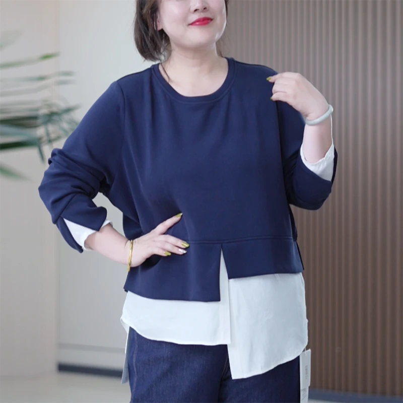 假两件莫代尔卫衣撞色拼接软糯亲肤大码显瘦时尚秋季T恤上衣女潮