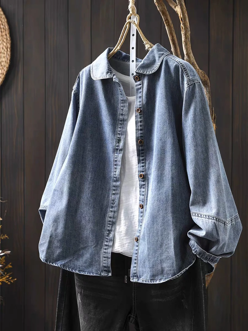 纯棉水洗元宝领牛仔衬衫外套女宽松显瘦春简约休闲百搭单排扣上衣