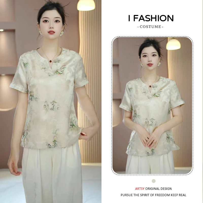 新中式国风时尚t恤女2025年夏季新款设计感气质v领印花短袖上衣