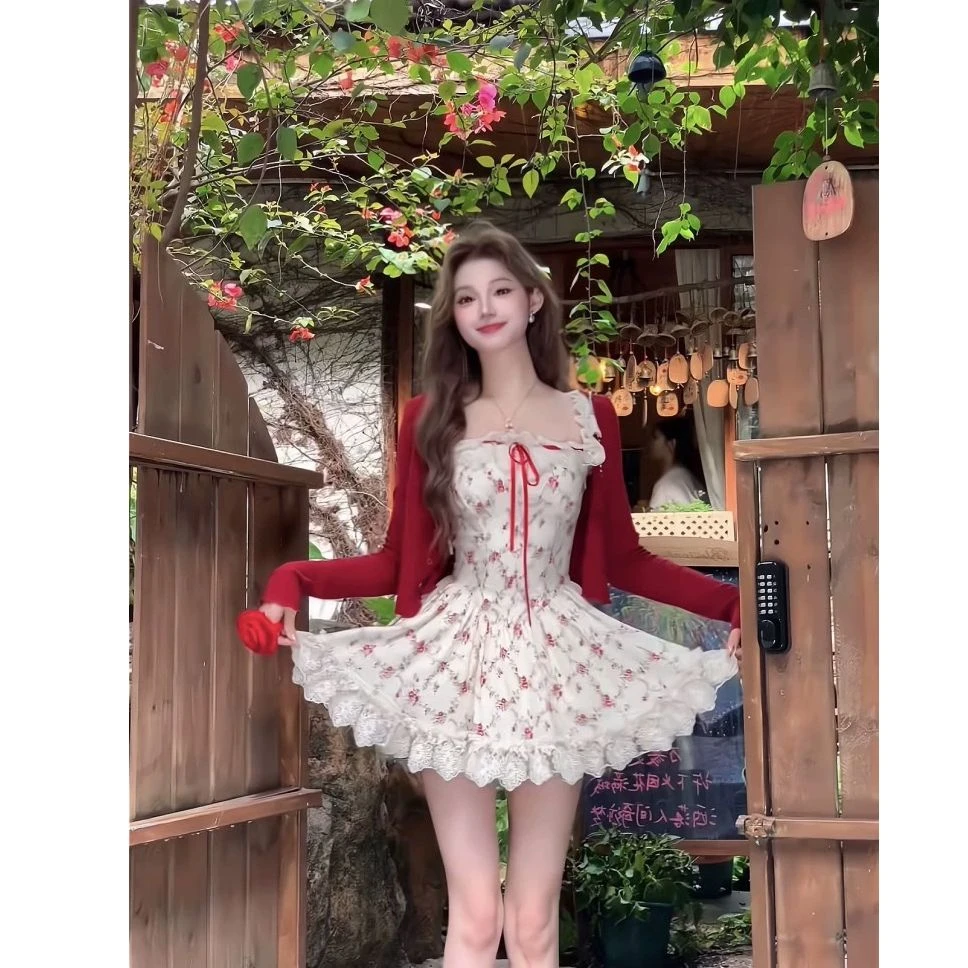 法式碎花吊带连衣裙夏2025小个子开衫女装收腰蓬蓬裙短裙套装L902