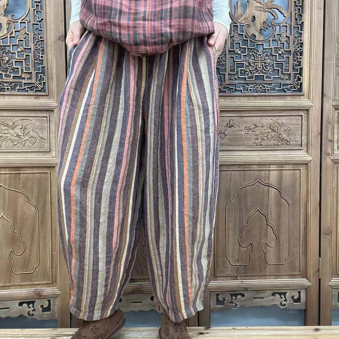 素陌原创设计定制面料色织雨露亚麻休闲裤宽松休闲舒适百搭老爹裤