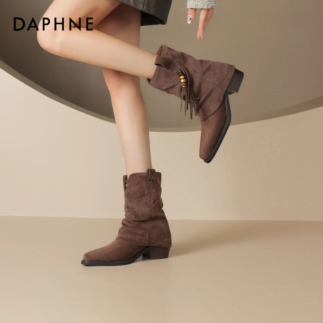 达芙妮爆款法式尖头裤管靴女款2025早秋美拉德褶皱西部堆堆靴短靴