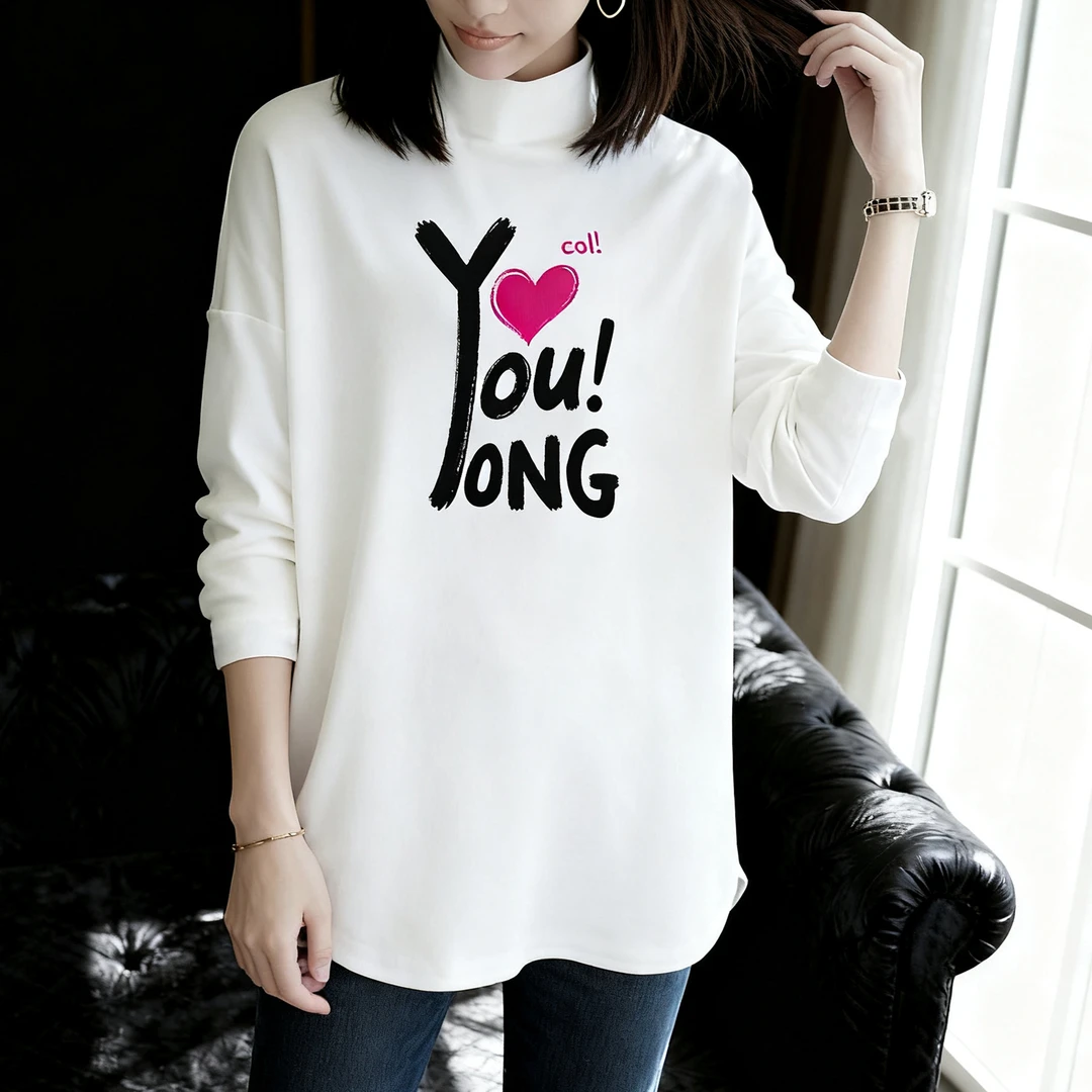 潮流休闲服早秋长袖白色t恤女休闲新款宽松百搭高领印花中长上衣