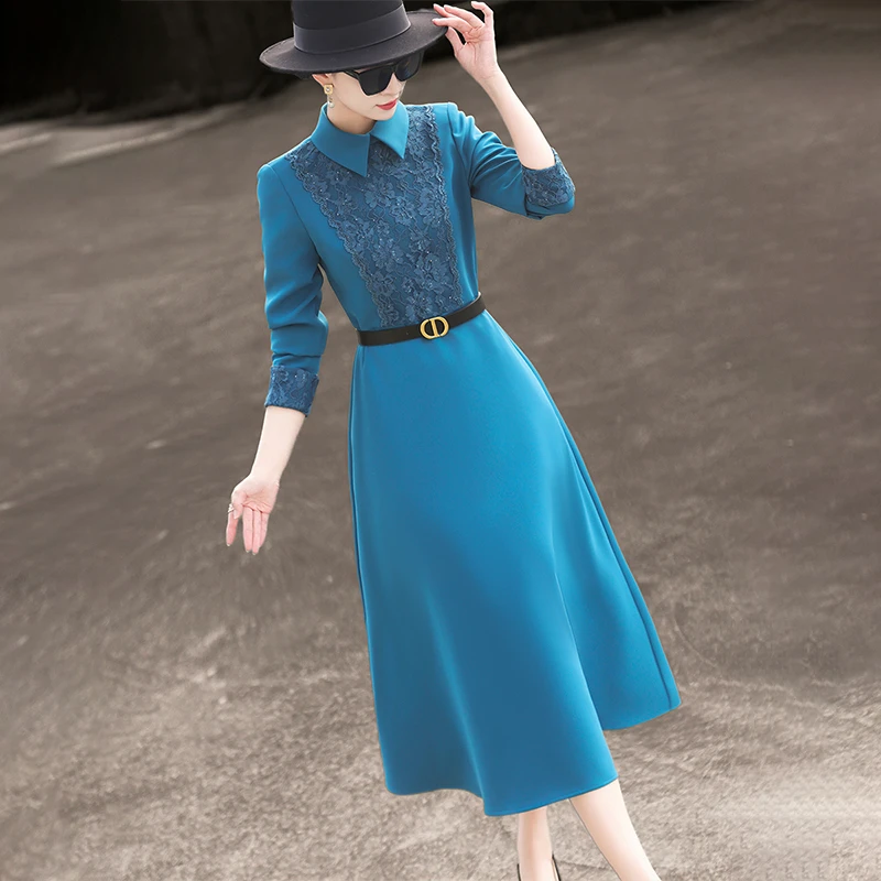 MEXCOCO/兰瑟儿春季新款通勤蕾丝拼接收腰蓝色连衣裙104QL8213