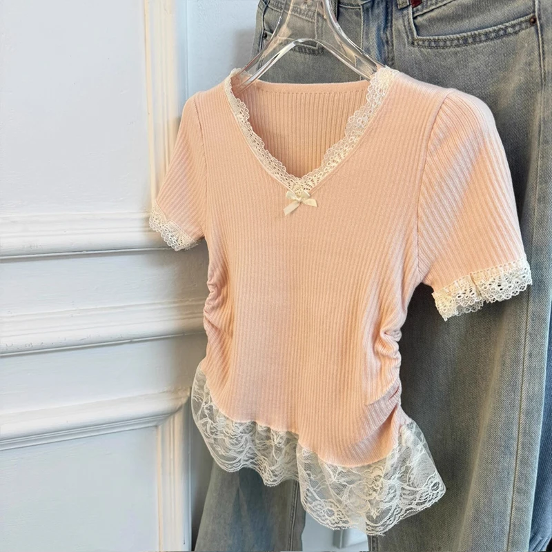 甜辣妹多巴胺蕾丝蝴蝶结时尚针织T恤女2025夏季漂亮小衫法式上衣