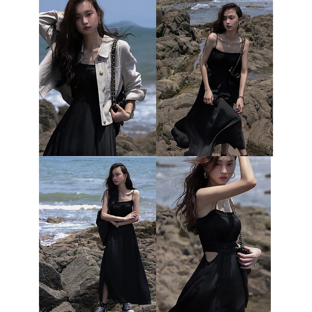 张贝贝ibell百搭短款工装风亚麻棉夹克+设计感气质镂空吊带连衣裙