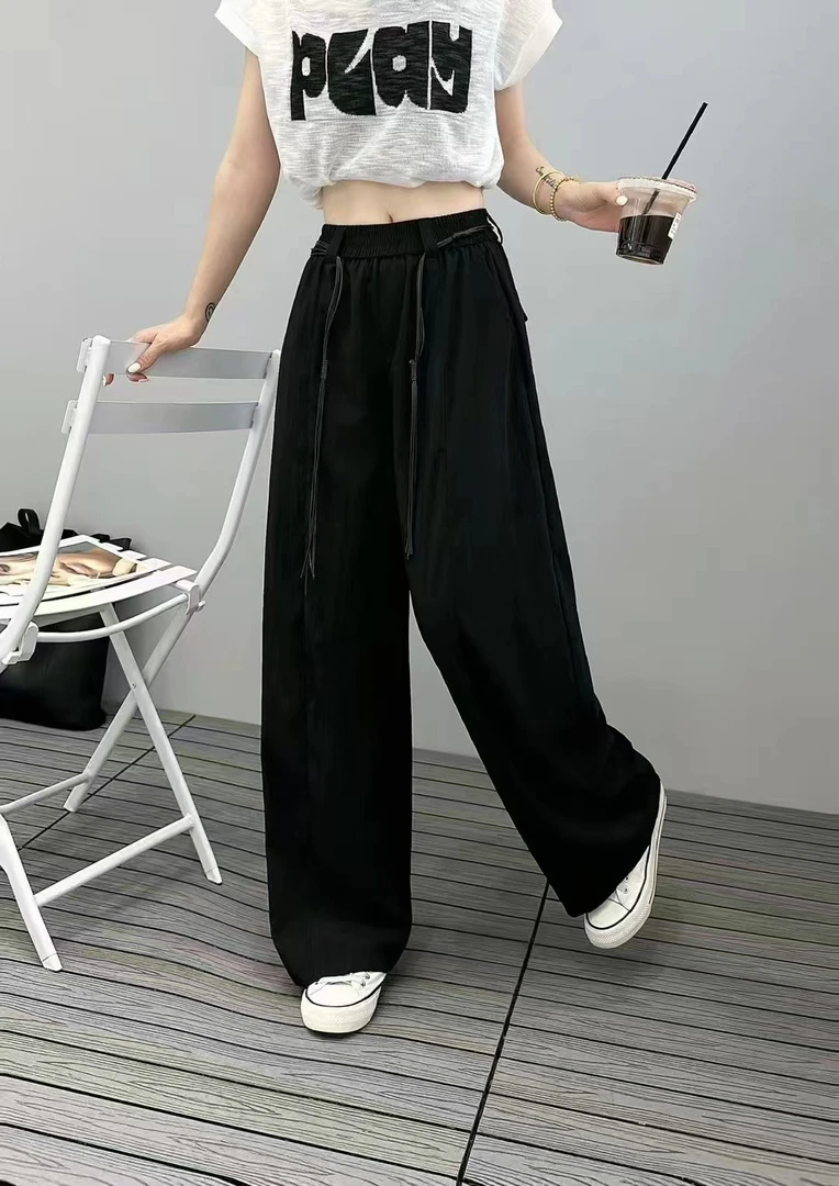 【女人家】017夏季新款高腰显瘦松紧腰直筒裤气质感显瘦休闲裤