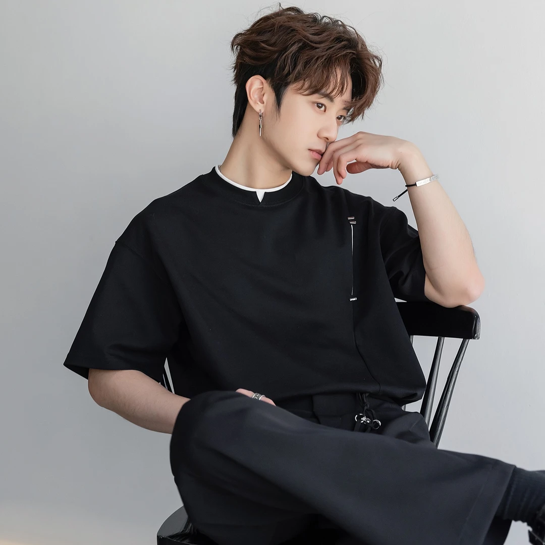 五分袖假两件短袖T恤男夏季薄款潮牌2025新款休闲时尚帅气男体恤
