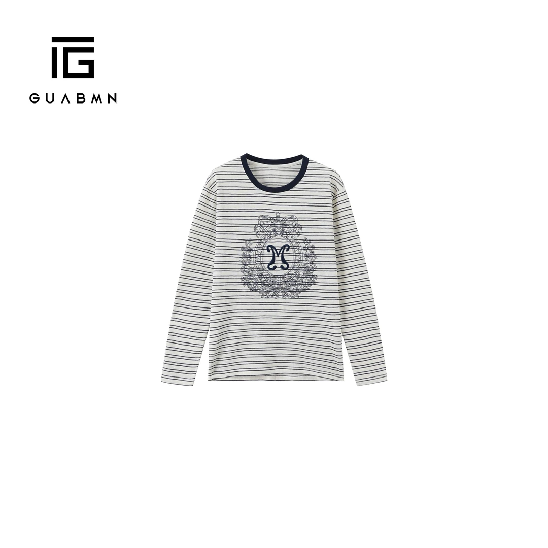 GUABMN2026春季新款条纹长袖t恤撞色拼接设计感小众落肩上衣6130