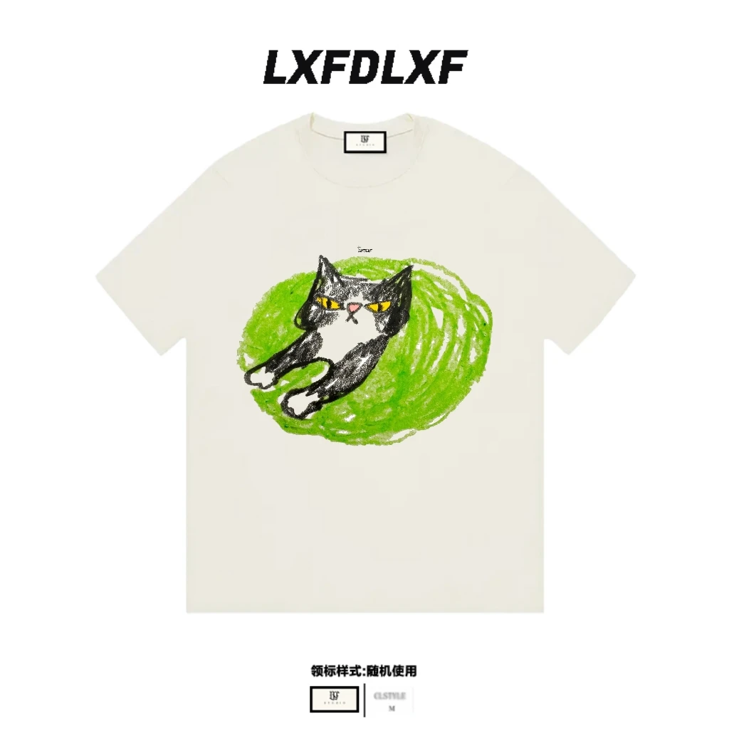 「摆工绿猫」LXFDLXF 宽松版型 男女同款 直喷工艺 美式短袖t恤情侣