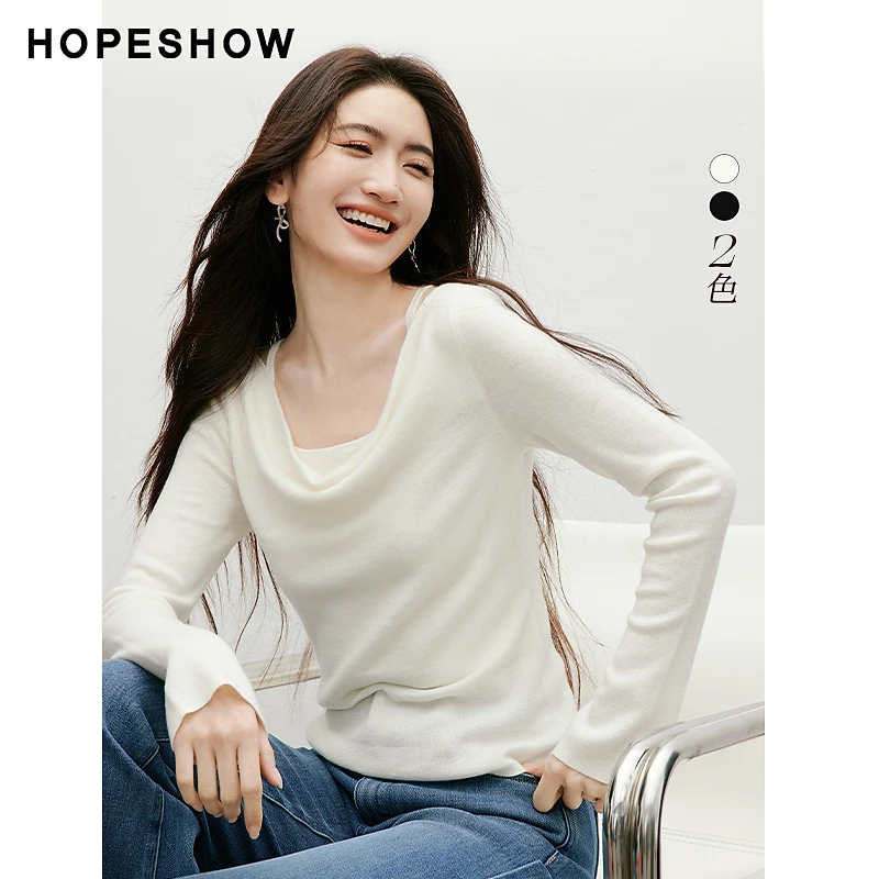 红袖2025春季新款女装 喇叭袖荡领套头假两件针织上衣90125090108